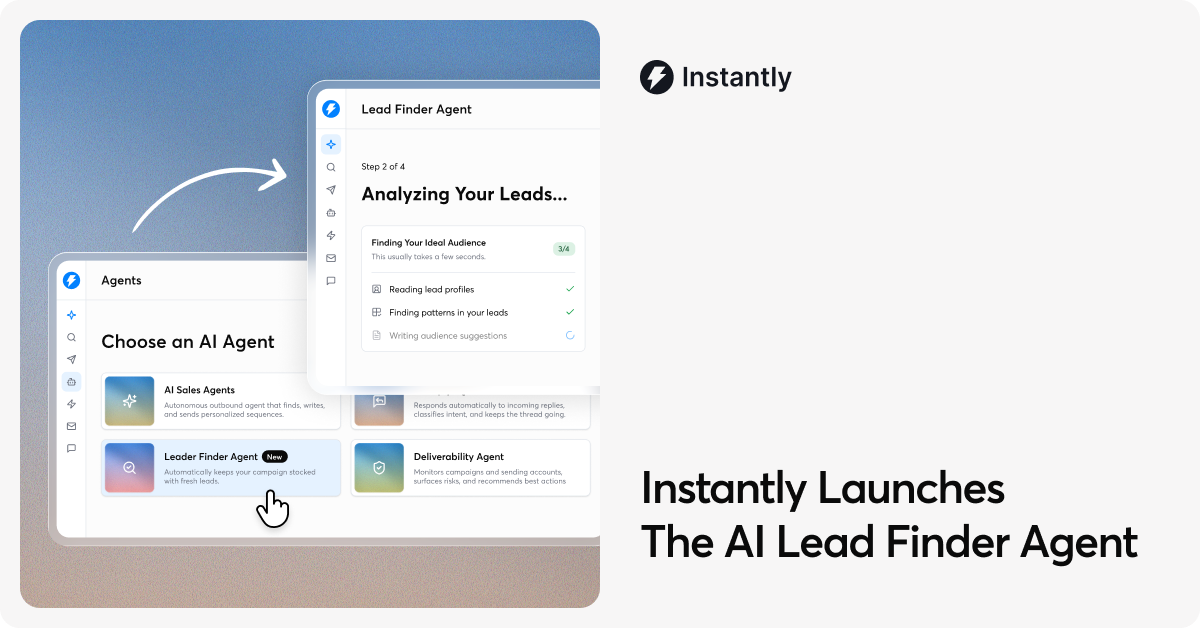 Official Instantly creative showing the AI Lead Finder Agent interface