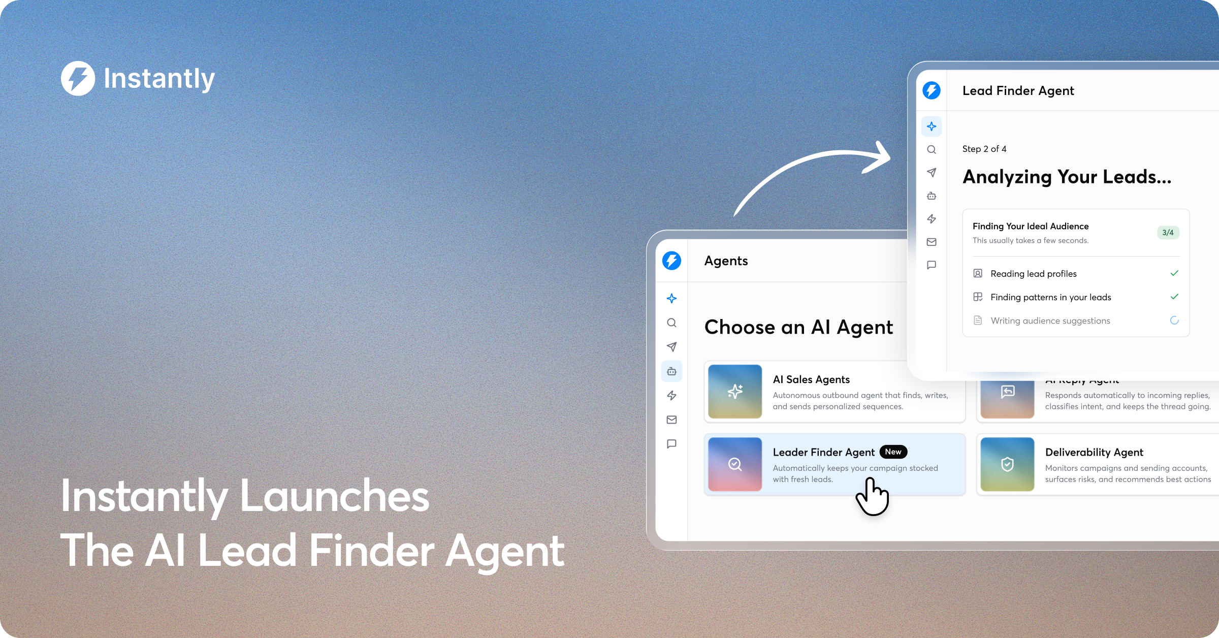 Official Instantly creative showing the AI Lead Finder Agent workflow