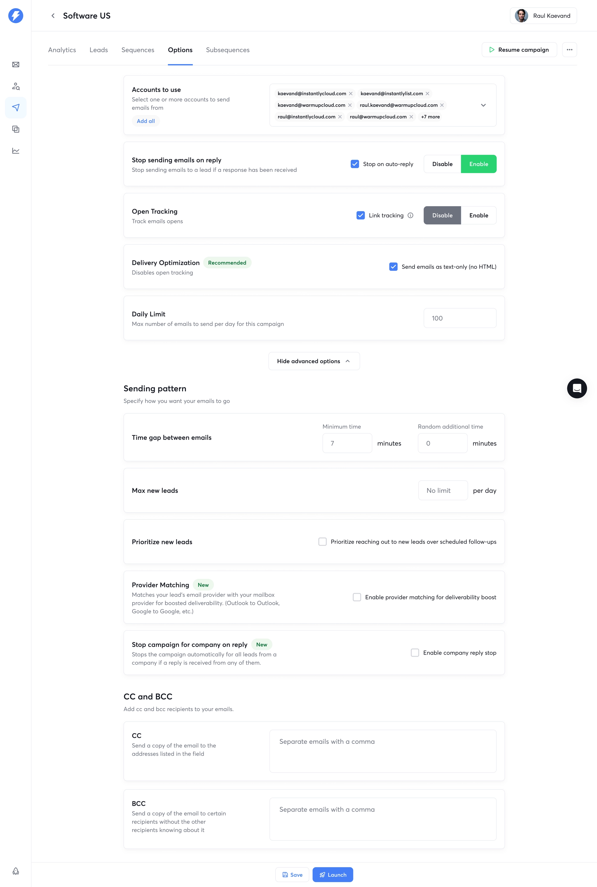Official Instantly campaign options screen used when configuring outreach