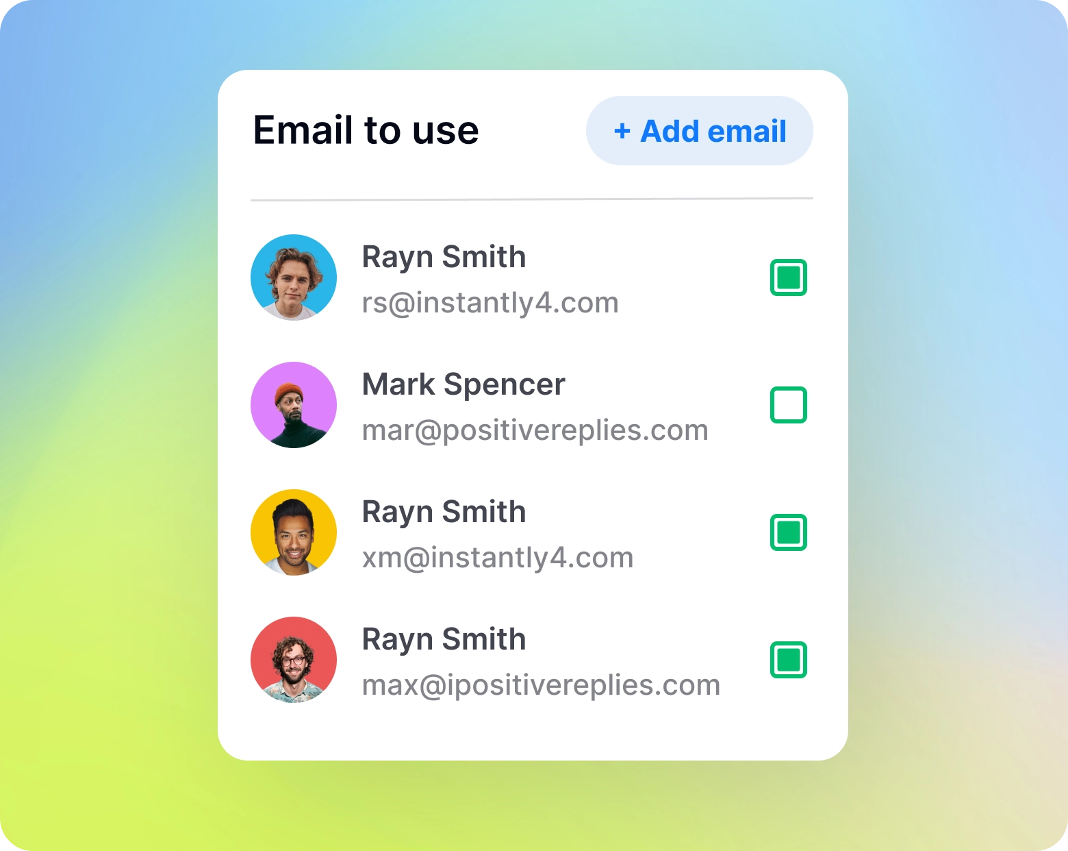 Official Instantly visual showing email records selected for outreach